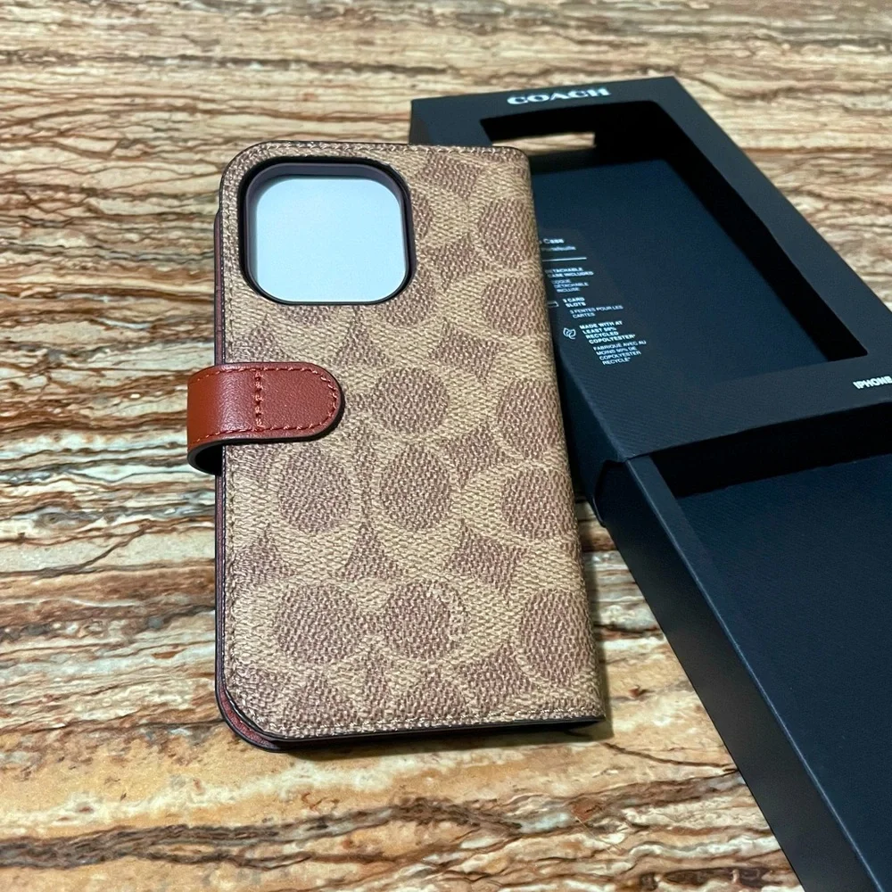 Coach Phonecase Brown Signature C Monogram Logo Folio Wallet Case iPhone 15 Pro